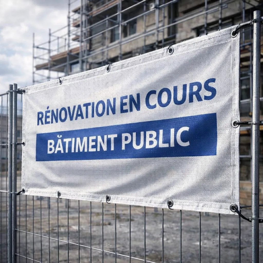 Banderole mesh 370g anti-vent personnalisable fixée sur échafaudage en façade exposée