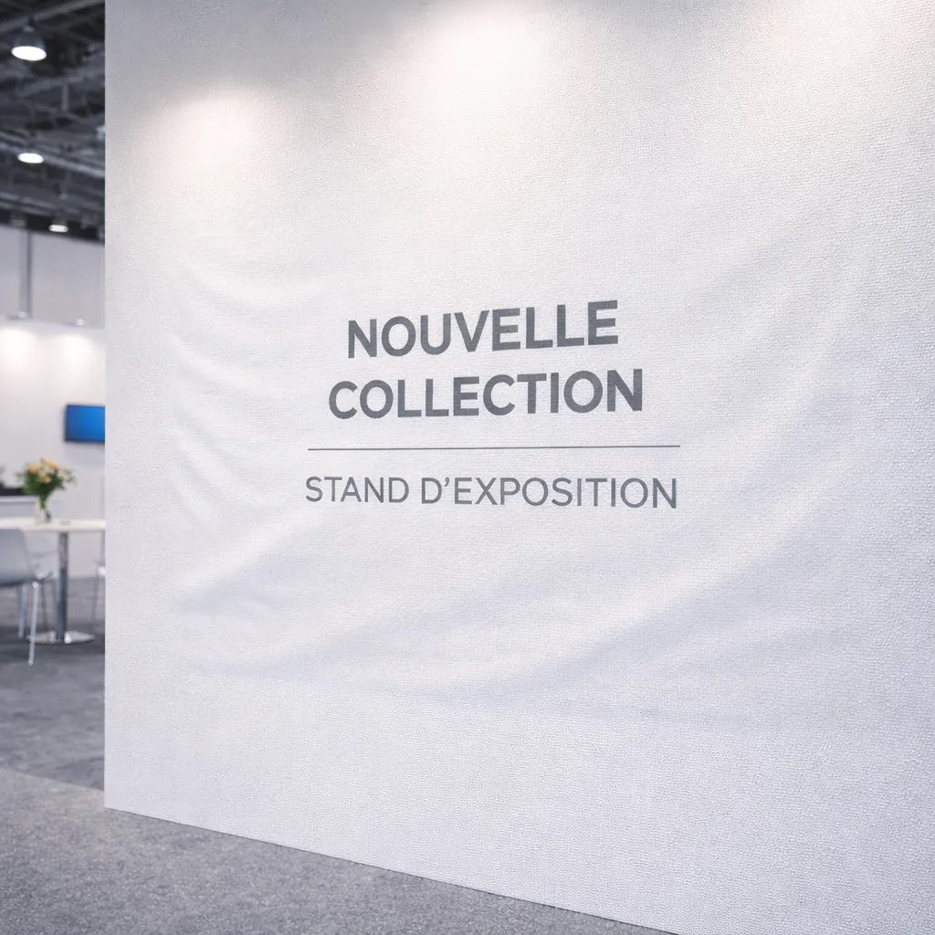 Toile intissée personnalisable installée sur mur de stand pour signalétique intérieure
