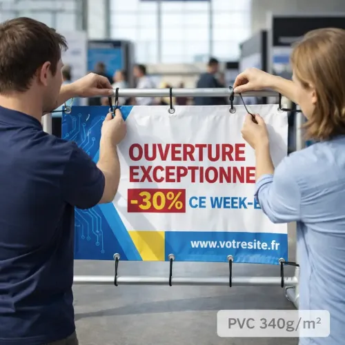 Installation d’une banderole 340g éco personnalisable sur grille événementielle avec sandows