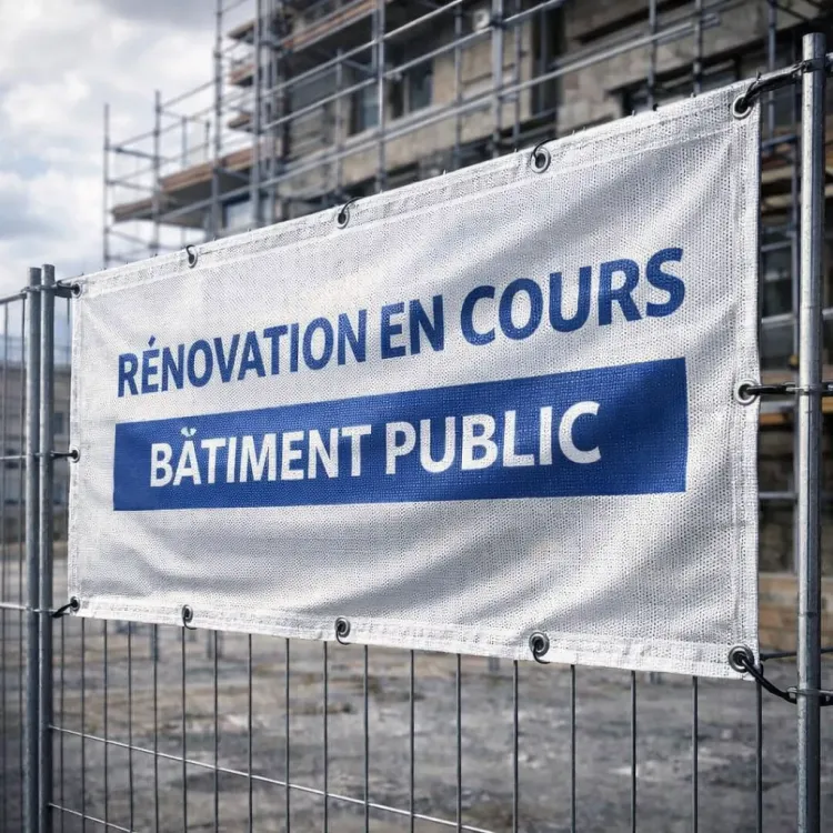 Banderole mesh 370g anti-vent personnalisable fixée sur échafaudage en façade exposée