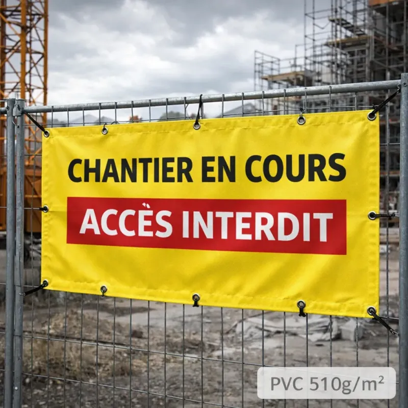 Banderole 510g personnalisable fixée sur palissade de chantier pour usage intensif extérieur