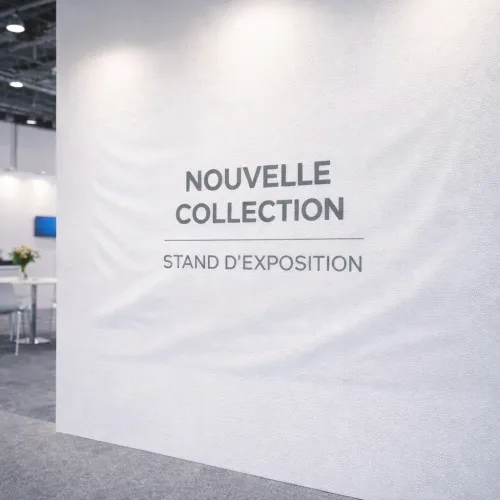 Toile intissée personnalisable installée sur mur de stand pour signalétique intérieure