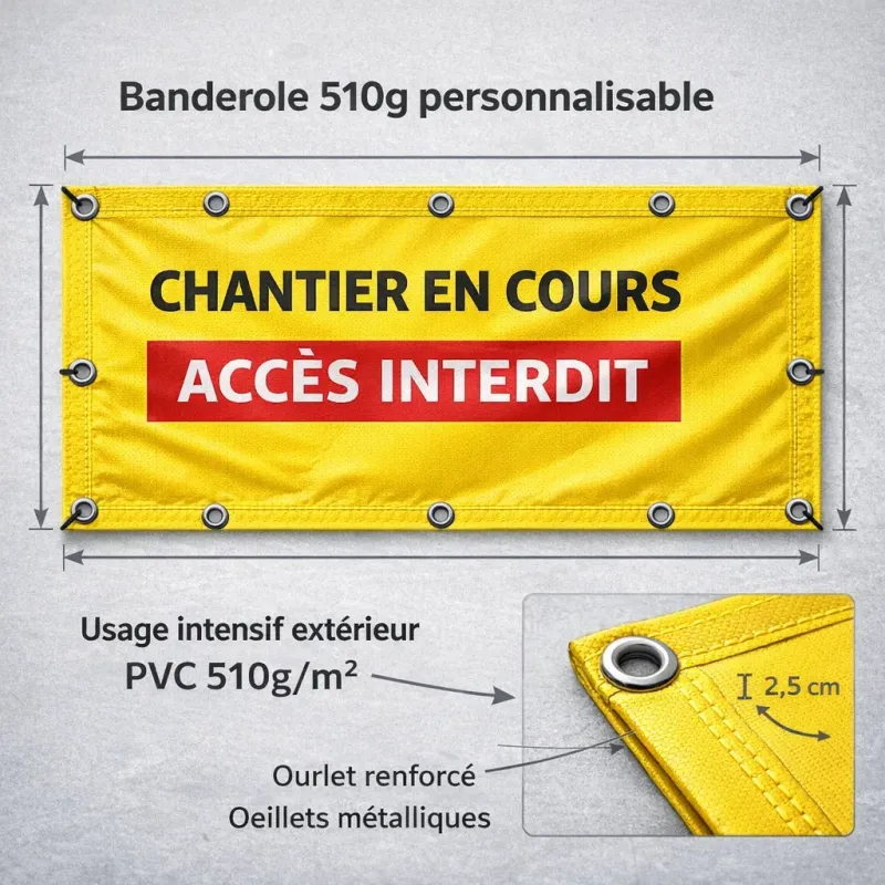 Schéma technique banderole 510g personnalisable usage intensif extérieur avec œillets renforcés