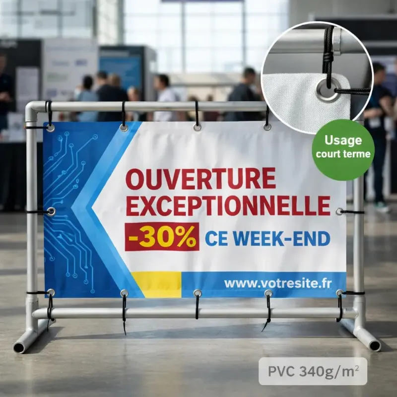 Banderole 340g éco personnalisable installée sur grille événementielle pour salon professionnel