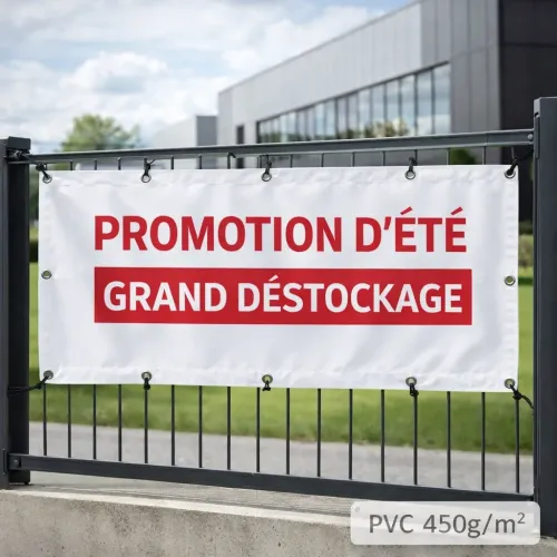 Banderole 450g personnalisable fixée en extérieur sur clôture métallique
