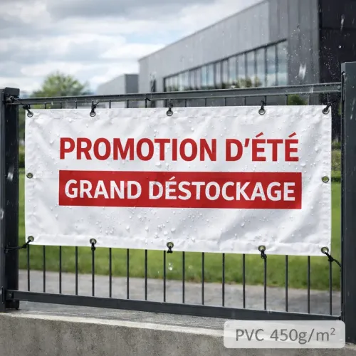 Banderole 450g personnalisable résistante aux intempéries fixée en extérieur sous la pluie
