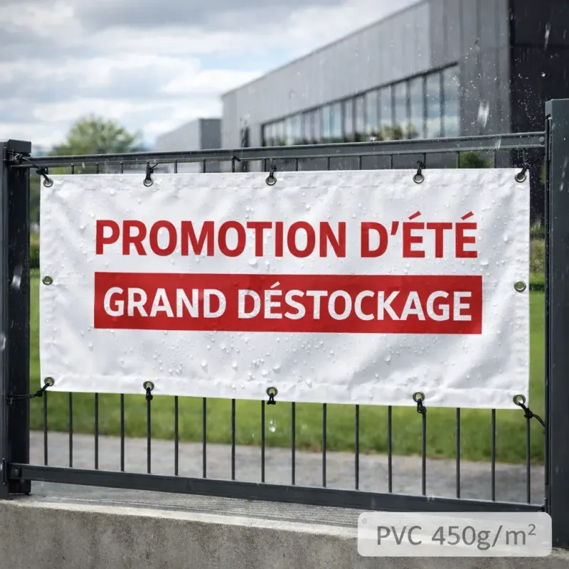 Banderole 450g personnalisable résistante aux intempéries fixée en extérieur sous la pluie