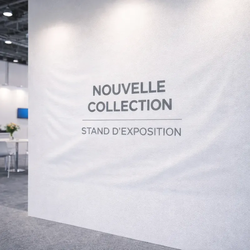 Toile intissée personnalisable installée sur mur de stand pour signalétique intérieure