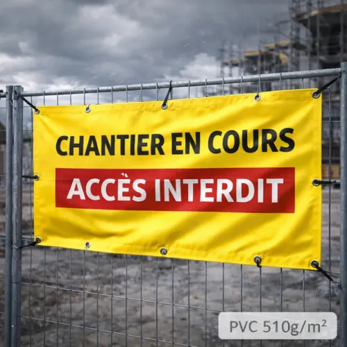 Banderole 510g personnalisable résistante au vent installée en extérieur sur chantier