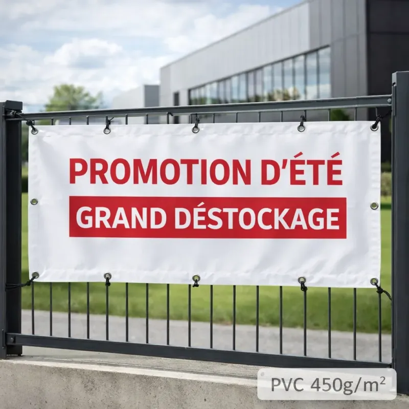 Banderole 450g personnalisable fixée en extérieur sur clôture métallique