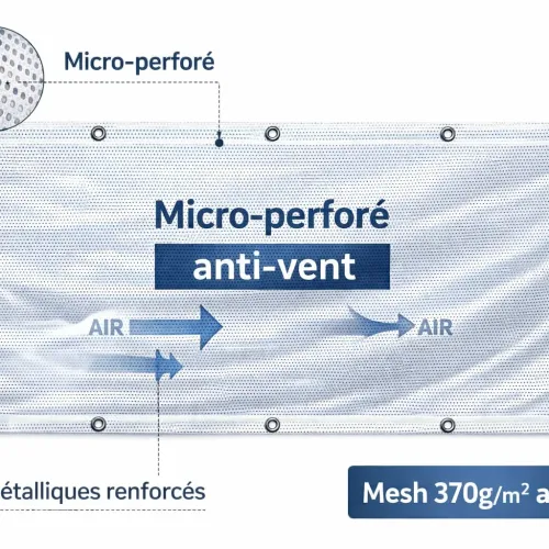 Schéma technique banderole mesh 370g anti-vent personnalisable avec micro-perforations et œillets renforcés