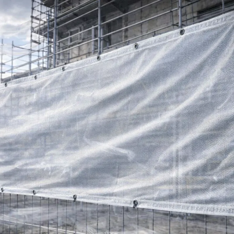 Banderole mesh 370g anti-vent personnalisable installée sur façade exposée avec vent
